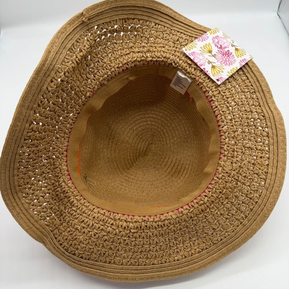 Sigrid Olsen Kids Straw Sun Hat‎ Tan Pink Striped Band Floppy Wide Brim NWT